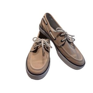 Polo Ralph Lauren Lander Woman’s Boat Shoes Lace Up Beige W/ Navy Accents